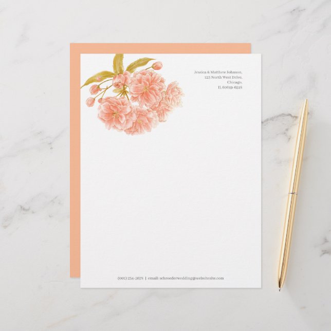 Blommar persika oliv grönt vit vattenfärg brevhuvud (Fram/Back In Situ)