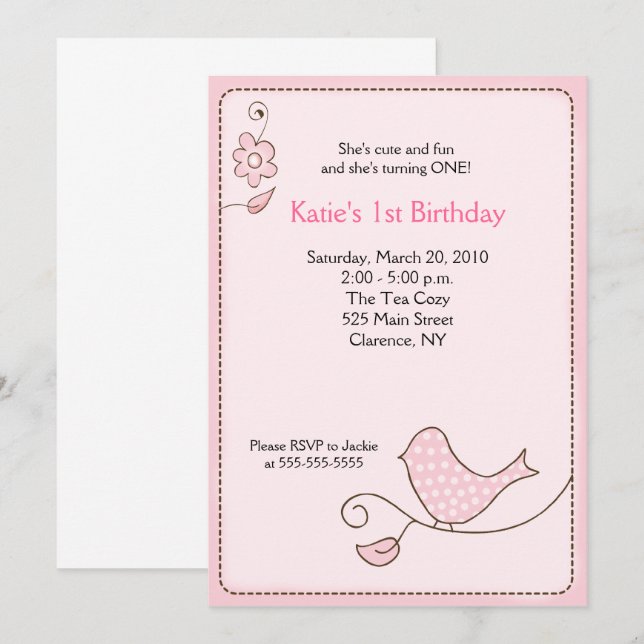 Blommar Polka Dot Rosa Bird Birthday Call Inbjudningar (Fram/baksida)