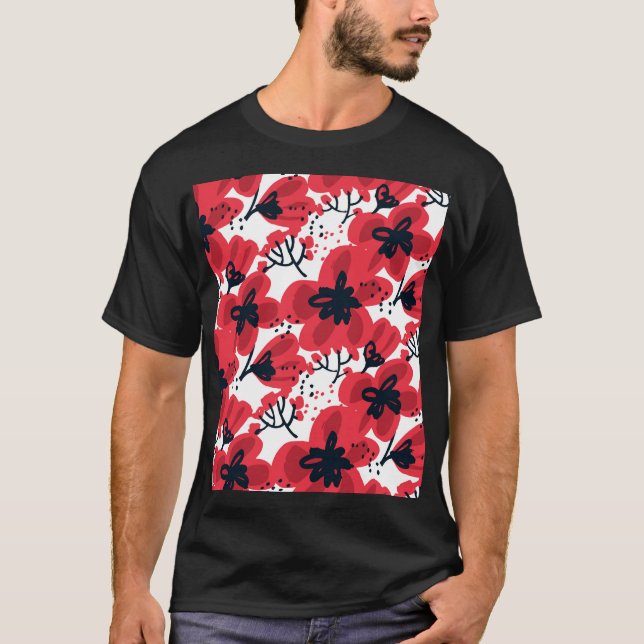 Blommar Red: Abstrakt Hand-Drawn Mönster. T Shirt (Framsida)