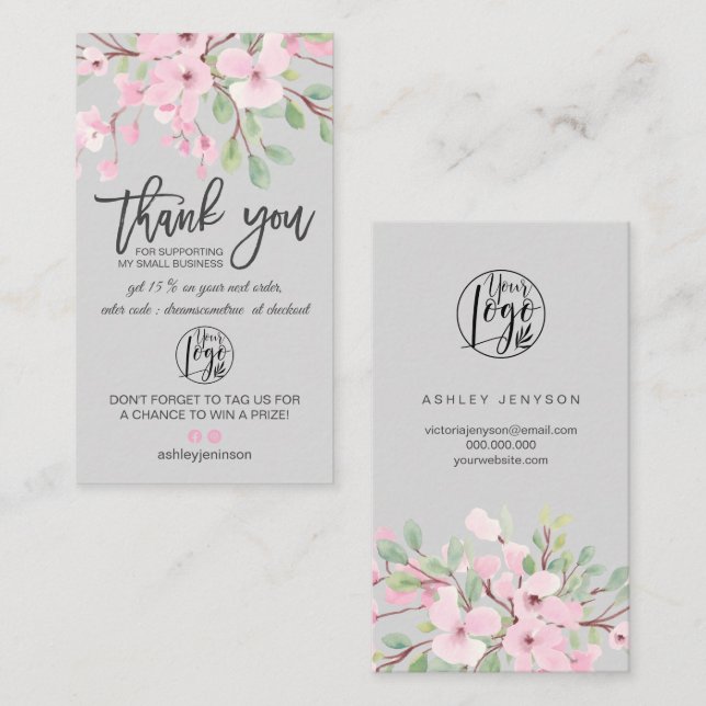 Blommar rosa blommigt logotyp order tack visitkort (Fram/baksida)