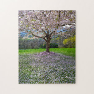 Blommar Rosa Cherry Blommar Träd med Skogen Pussel