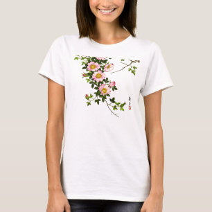 Blommar, rosor och guld för vintage japanska tee shirt