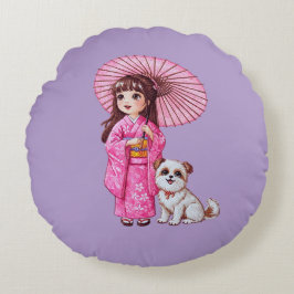 Blommar Suppleanter: Kimono Girl & Puppy Round Pil Rund Kudde