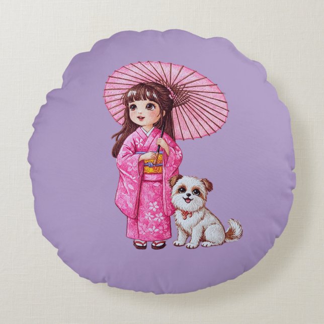 Blommar Suppleanter: Kimono Girl & Puppy Round Pil Rund Kudde (Framsidan)