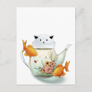 Blommar Tea i en Tekanna av katt och guldfisk Vykort