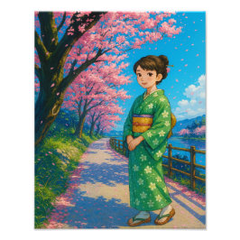 Blommar Väg i Vår - japansk Kimono Girl Art Fototryck