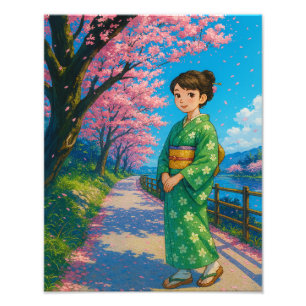 Blommar Väg i Vår - japansk Kimono Girl Art Fototryck