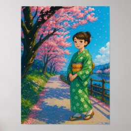 Blommar Väg i Vår - japansk Kimono Girl Art Poster