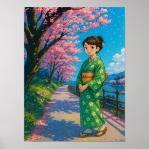 Blommar Väg i Vår - japansk Kimono Girl Art Poster