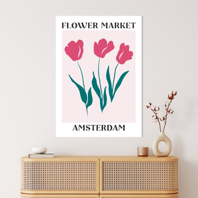 Blommarknad Amsterdam Rosa Tulpaner Blommig Canvastryck (In situ boho interior)