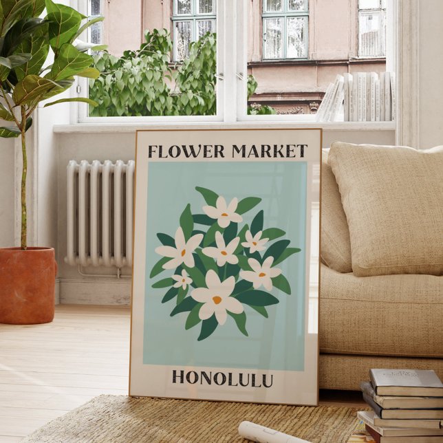 Blommarknad Honolulu Vit Jasmin Blommig Poster (In situ Living room)