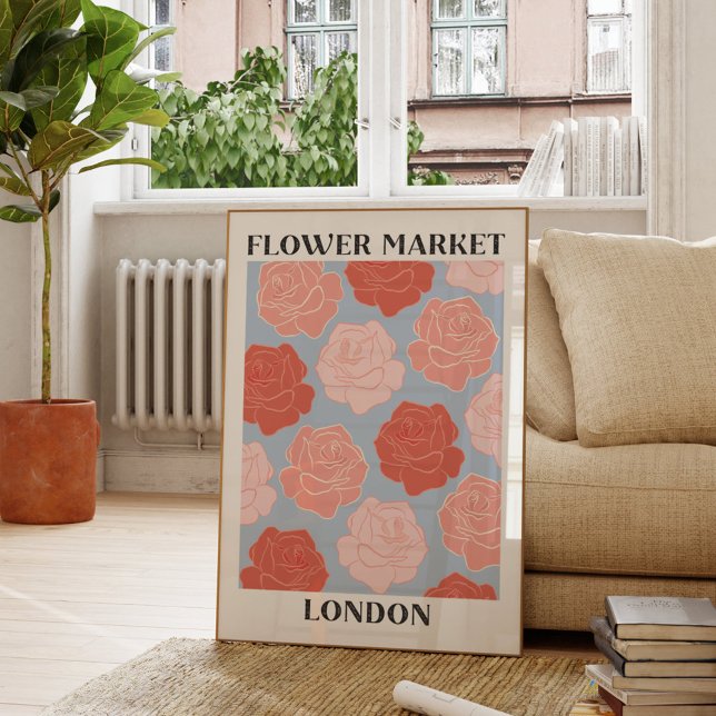 Blommarknad London Rosor Rosa Röda Rosor Blommig Poster (In situ Living room)
