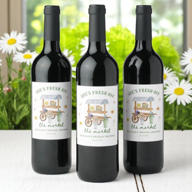 Blommarknad Nyss Från Marknaden Bröllopsdusch Vinflaska Etikett (Skapare uppladdad)