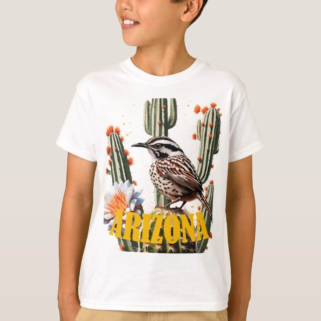 Blommarna Arizona Cactus Wren, omgiven av Cactus T Shirt (Framsida)