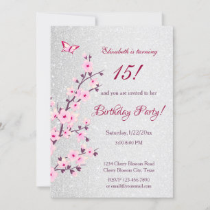 Blommarna Cherry Rosa Silver Glitter Inbjudningar