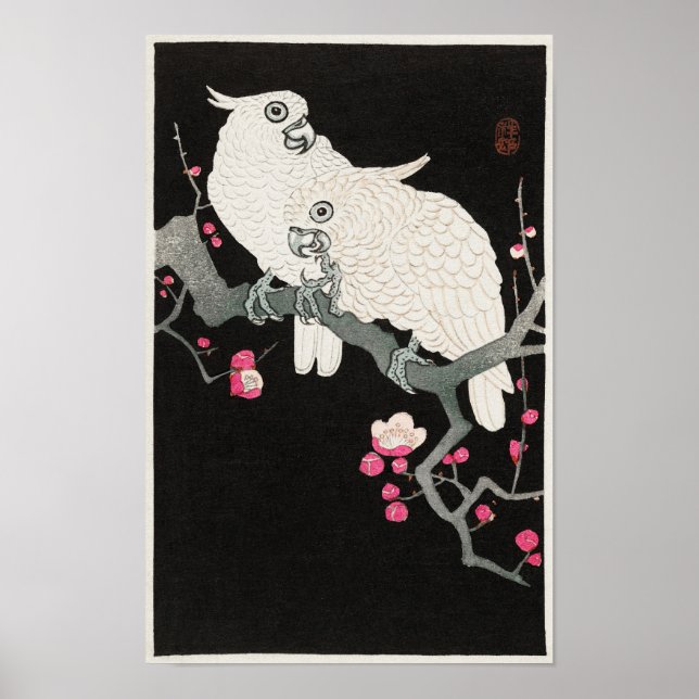 Blommarna Cockatoos and Plum av Ohara Koson Poster (Framsidan)