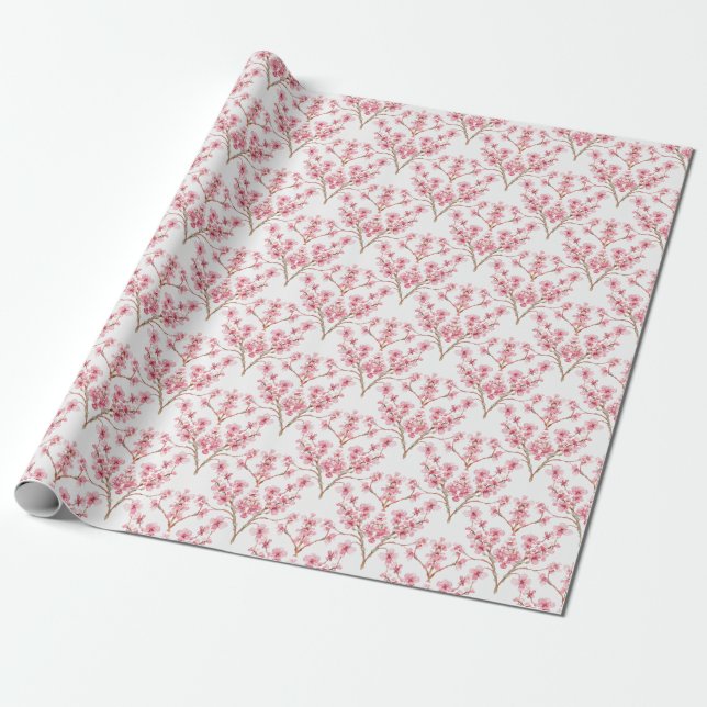 Blommarna Damask Watercolor Sakura Cherry Presentpapper (Utrullad)