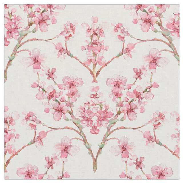 Blommarna Damask Watercolor Sakura Cherry Tyg (Närbild)