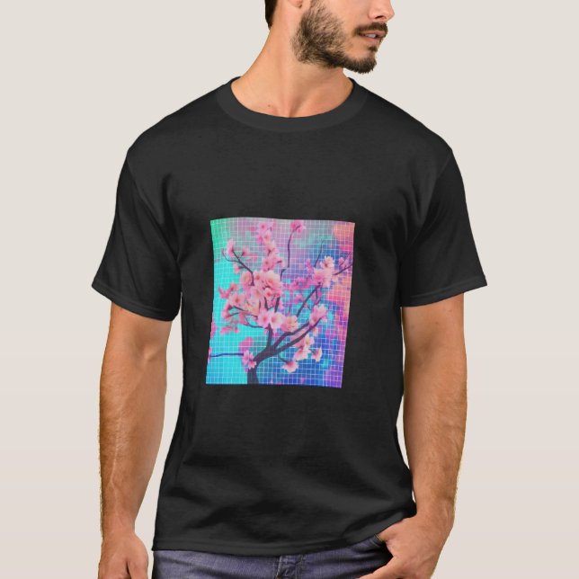 Blommarna för färgfläcken för Sakura Synthwave Col T Shirt (Framsida)