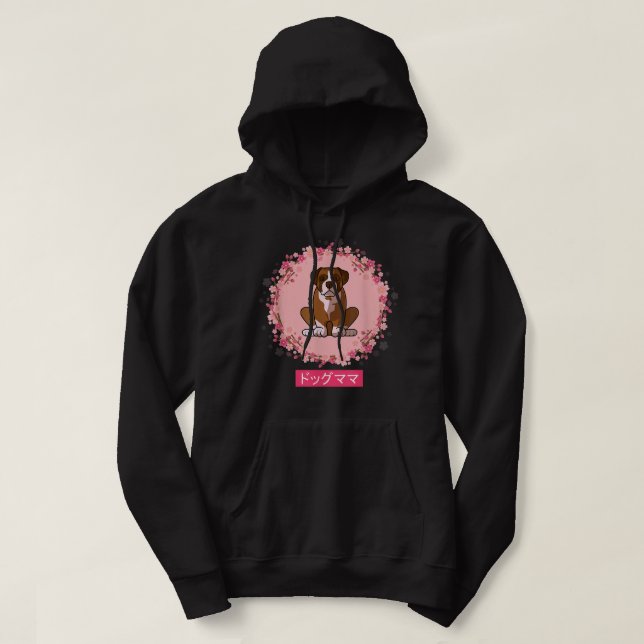 Blommarna för Funny Boxer Hund Mamma Sakura Cherry Hoodie (Design framsida)