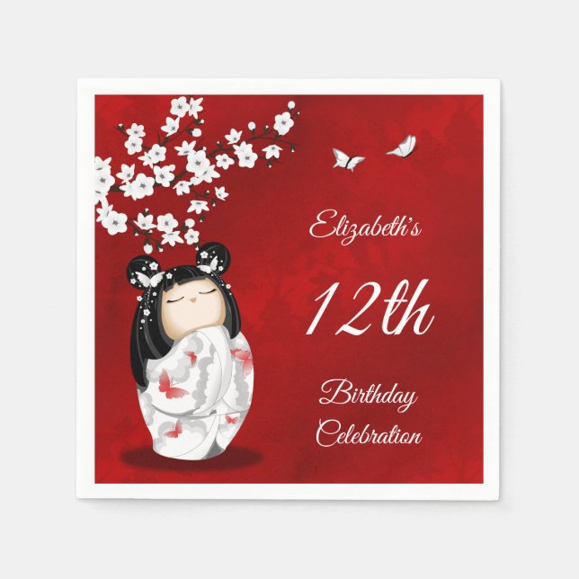 Blommarna Kokeshi Doll Cherry | Birthday Napk Pappersservett (Framsidan)