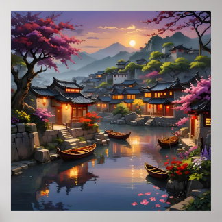 Blommarna Lantern Glow Amid och Vatten Poster