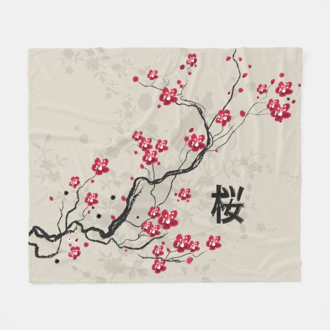 Blommarna Oriental Stil Sakura Cherry  Art Fleecefilt (Framsidan (Horisontell))