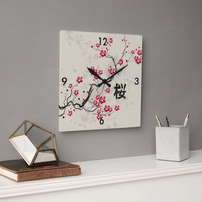 Blommarna Oriental Stil Sakura Cherry  Art Fyrkantig Klocka (Kontor)