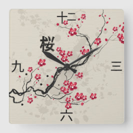 Blommarna Oriental Stil Sakura Cherry Art Fyrkantig Klocka