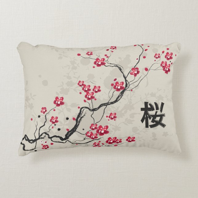 Blommarna Oriental Stil Sakura Cherry  Art Prydnadskudde (Framsidan)