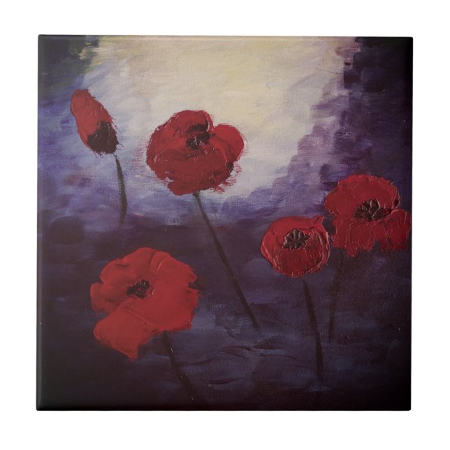 Blommarna Red Poppy Flowers Art Tile Kakelplatta (Framsidan)