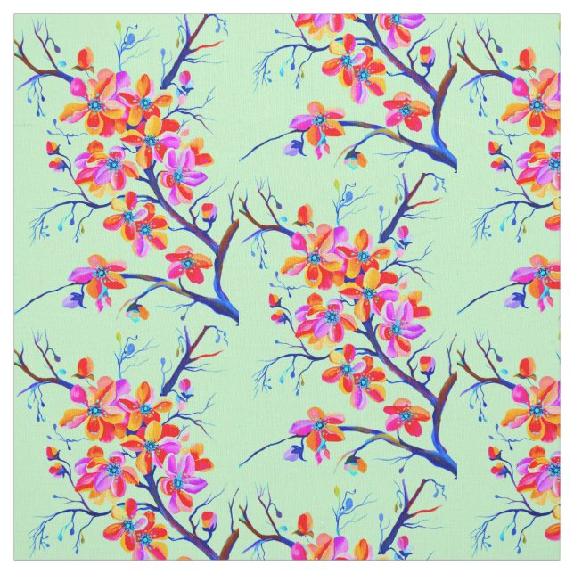 Blommarna Sakura Cherry Flower i Bold Färg Tyg (Provkarta)