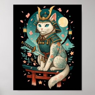 Blommarna Samurai Moonlight för japanska Cat Cherr Poster