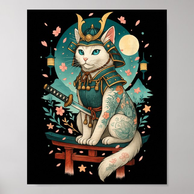Blommarna Samurai Moonlight för japanska Cat Cherr Poster (Framsidan)