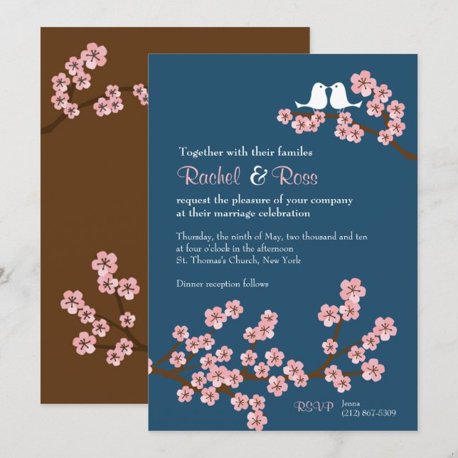 Blommarna Vår bröllop i marinblått och Rosa Cherry Inbjudningar (Fram/baksida)