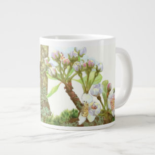 Blommarnas blommar på en gren, vit blommigt jumbo mugg