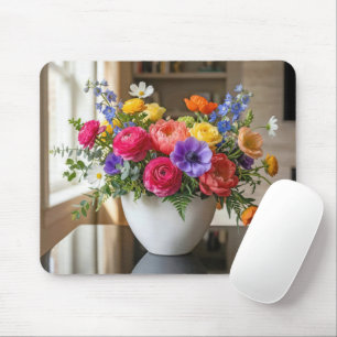 Blommarrangemang på ett blankt bord musmatta