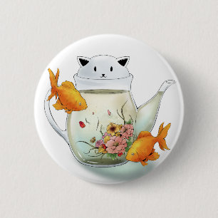 BlommarTea i en katttekanna och guldfisk Knapp