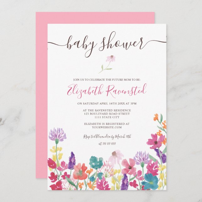 Blommdusch av sommarpressade torkade vilder inbjudningar (Fram/baksida)