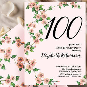 Blommig 100-års födelsedagsinbjudan i rosabränd ro inbjudningar