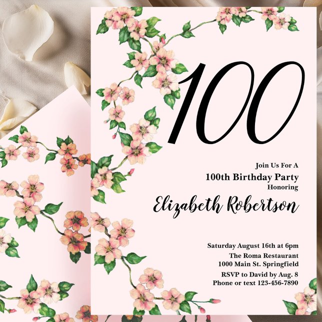 Blommig 100-års födelsedagsinbjudan i rosabränd ro inbjudningar (Skapare uppladdad)