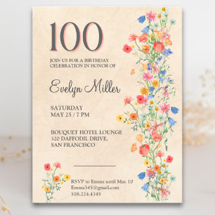Blommig 100-årsdag – Eleganta vildblommor Inbjudan Vykort