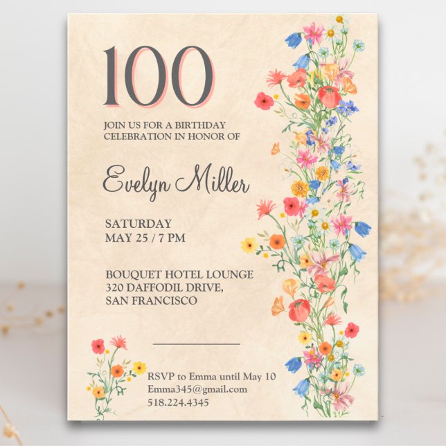 Blommig 100-årsdag – Eleganta vildblommor Inbjudan Vykort (Skapare uppladdad)