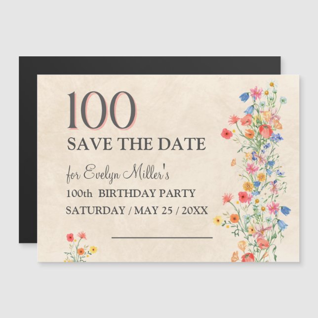 Blommig 100-årsdag – Eleganta vildblommor Magnetisk Inbjudningskort (Fram/baksida)