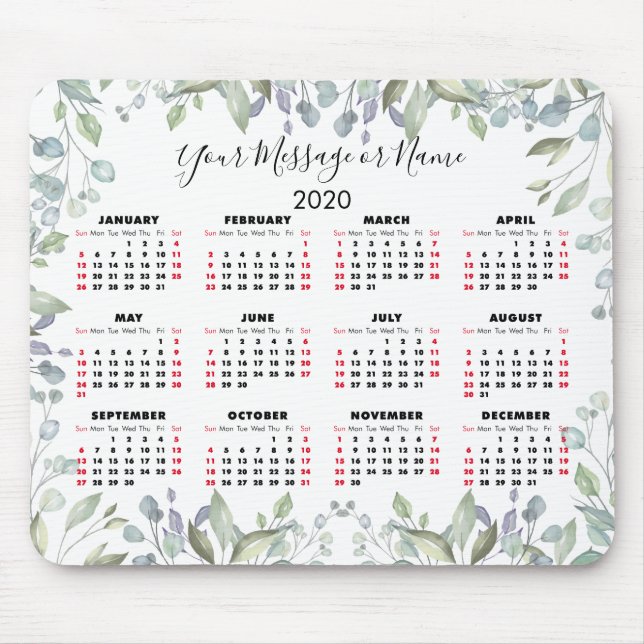Blommig 2020-kalender Ditt meddelande eller namn Musmatta (Framsidan)