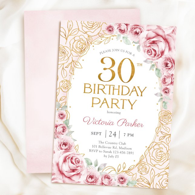 Blommig 30-års födelsedags roséguld inbjudningar (Skapare uppladdad)