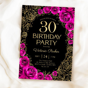 Blommig 30-års födelsedagsfuchsia Rosa Svart & Gul Inbjudningar