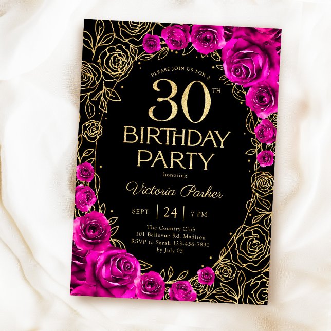 Blommig 30-års födelsedagsfuchsia Rosa Svart & Gul Inbjudningar (Skapare uppladdad)