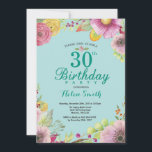 Blommig 30-års födelsedagsinbjudan för kvinnor Tea Inbjudningar<br><div class="desc">Blommig 30-års födelsedagsinbjudan för kvinnor. Vattenfärg Blommor,  Teal Aqua Turkos Bakgrund. För ytterligare anpassning,  klicka på "Anpassa"-knappen och använd vårt designverktyg för att ändra denna mall.</div>