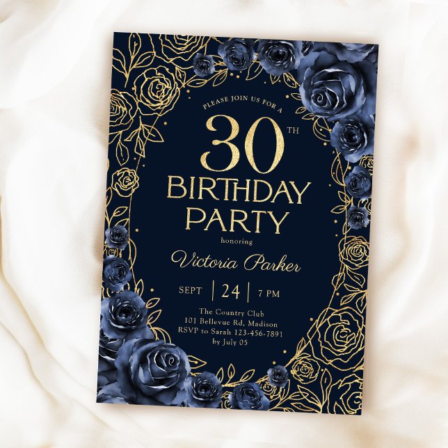 Blommig 30-årsdag Navyblå Guld  Inbjudningar (Skapare uppladdad)